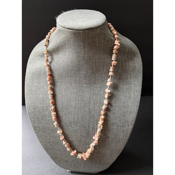 Les Bernard Angel Skin Coral Necklace Bead Beaded Knotted Gold Clasp 30” Vintage